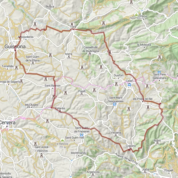 Miniaturní mapa "Trasa Guissona - Tossal de Sant Donat - Castell d'Enfesta - Torre de la Manresana - Montpaó - Viladases - Gàver - Tossal d'Alta-riba - el Llor - Tossal del Companys - Guissona" inspirace pro cyklisty v oblasti Cataluña, Spain. Vytvořeno pomocí plánovače tras Tarmacs.app