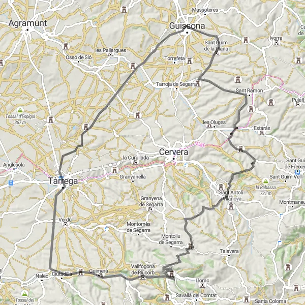 Map miniature of "Challenging Road Cycling Route near Guissona" cycling inspiration in Cataluña, Spain. Generated by Tarmacs.app cycling route planner