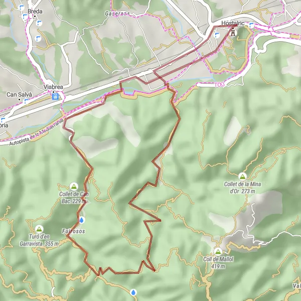 Miniatuurkaart van de fietsinspiratie "Route van Hostalric naar Turó de Romeguera" in Cataluña, Spain. Gemaakt door de Tarmacs.app fietsrouteplanner