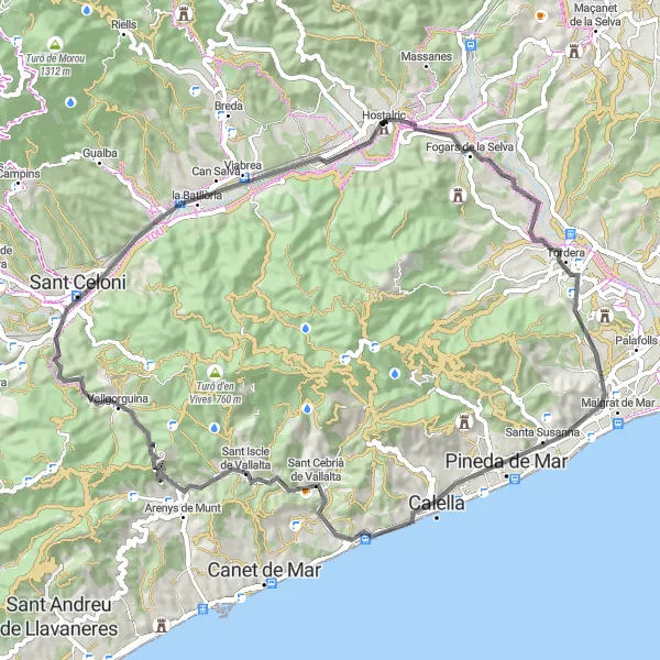 Miniatua del mapa de inspiración ciclista "Ruta de la Costa Brava y Tordera" en Cataluña, Spain. Generado por Tarmacs.app planificador de rutas ciclistas