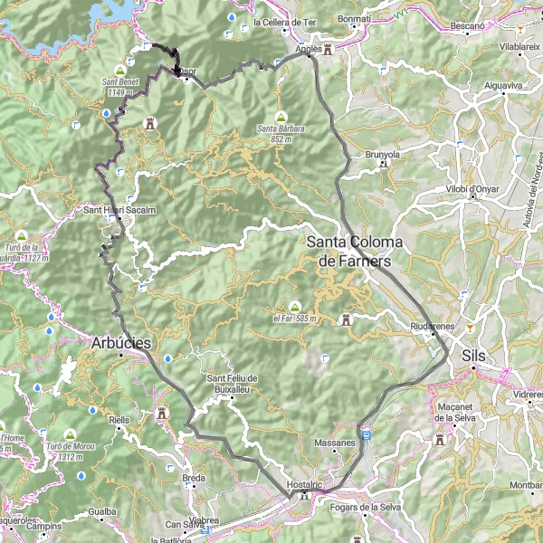 Miniatuurkaart van de fietsinspiratie "Bergen en Valleys-route van Hostalric" in Cataluña, Spain. Gemaakt door de Tarmacs.app fietsrouteplanner