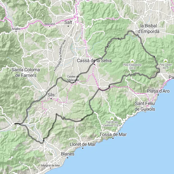 Map miniature of "The Hostalric Castle Adventure" cycling inspiration in Cataluña, Spain. Generated by Tarmacs.app cycling route planner