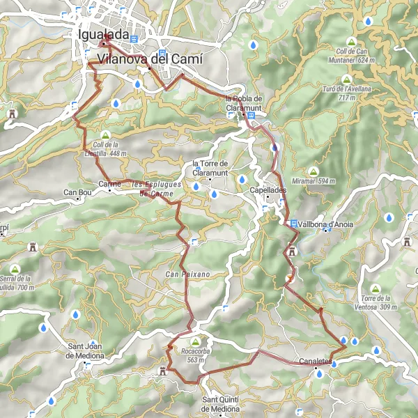 Map miniature of "La Pobla de Claramunt - Coll de la Llentilla Gravel Loop" cycling inspiration in Cataluña, Spain. Generated by Tarmacs.app cycling route planner