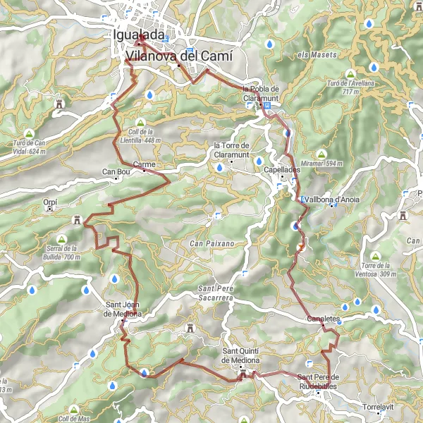 Miniaturní mapa "Gravelový okruh Sant Joan de Mediona" inspirace pro cyklisty v oblasti Cataluña, Spain. Vytvořeno pomocí plánovače tras Tarmacs.app