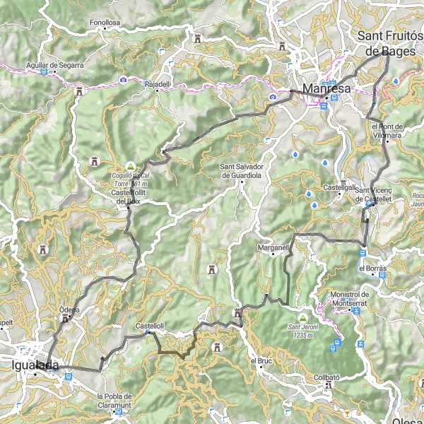 Map miniature of "Igualada - Castellfollit del Boix Loop" cycling inspiration in Cataluña, Spain. Generated by Tarmacs.app cycling route planner