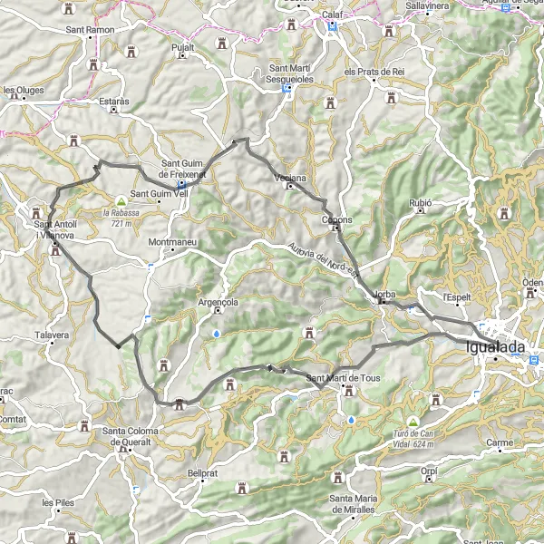 Map miniature of "Scenic Road Cycling: Igualada to Puig de la Guàrdia" cycling inspiration in Cataluña, Spain. Generated by Tarmacs.app cycling route planner
