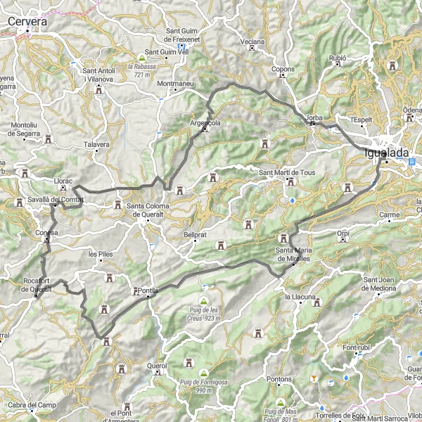 Map miniature of "Igualada - Turó de la Guàrdia Loop" cycling inspiration in Cataluña, Spain. Generated by Tarmacs.app cycling route planner