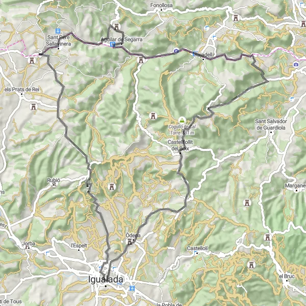 Miniature de la carte de l'inspiration cycliste "Les routes sinueuses de Segarra" dans la Cataluña, Spain. Générée par le planificateur d'itinéraire cycliste Tarmacs.app