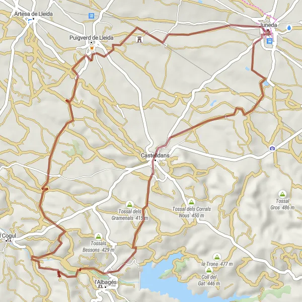 Miniatura della mappa di ispirazione al ciclismo "Giro in bici da Juneda a Punta del Purgatori" nella regione di Cataluña, Spain. Generata da Tarmacs.app, pianificatore di rotte ciclistiche