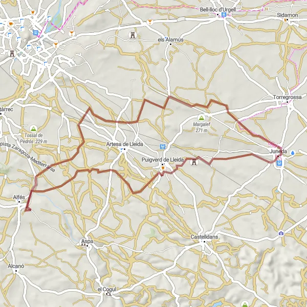 Miniaturní mapa "Gravel Ruta z Juneda" inspirace pro cyklisty v oblasti Cataluña, Spain. Vytvořeno pomocí plánovače tras Tarmacs.app