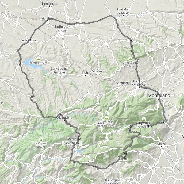 Miniatua del mapa de inspiración ciclista "Ruta en carretera desde Juneda" en Cataluña, Spain. Generado por Tarmacs.app planificador de rutas ciclistas