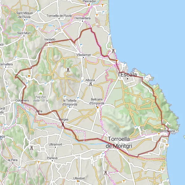 Miniatura della mappa di ispirazione al ciclismo "Monti di Montiró e Coll Corb, da l'Estartit" nella regione di Cataluña, Spain. Generata da Tarmacs.app, pianificatore di rotte ciclistiche