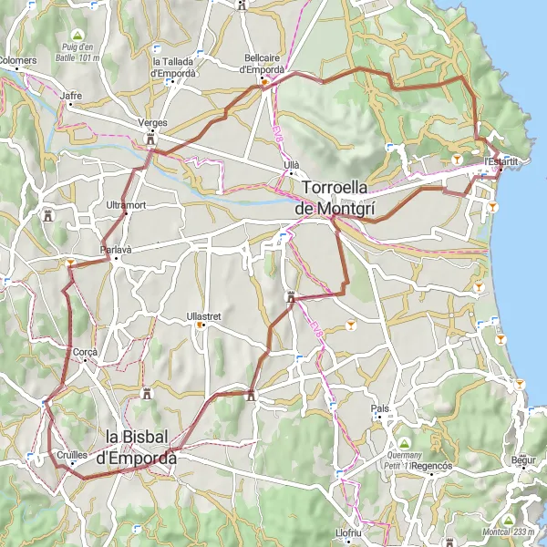 Miniature de la carte de l'inspiration cycliste "Circuit de gravel à l'Estartit et Ultramort" dans la Cataluña, Spain. Générée par le planificateur d'itinéraire cycliste Tarmacs.app