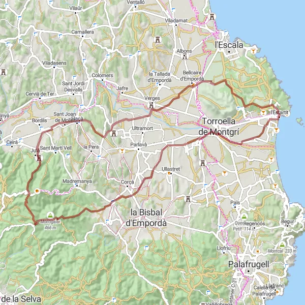 Miniatua del mapa de inspiración ciclista "Vuelta a l'Estartit por Puig d'en Batet" en Cataluña, Spain. Generado por Tarmacs.app planificador de rutas ciclistas