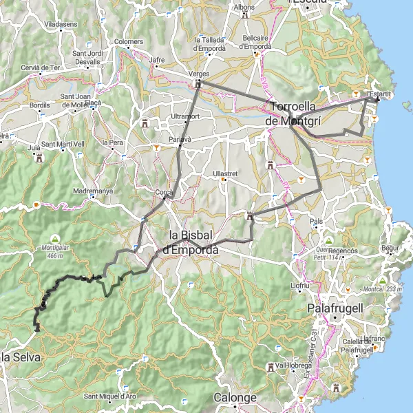 Miniaturní mapa "Cyklotrasa skrz středověké vesnice" inspirace pro cyklisty v oblasti Cataluña, Spain. Vytvořeno pomocí plánovače tras Tarmacs.app
