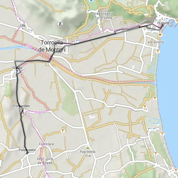 Miniature de la carte de l'inspiration cycliste "Excursion à Gualta et Fontanilles" dans la Cataluña, Spain. Générée par le planificateur d'itinéraire cycliste Tarmacs.app