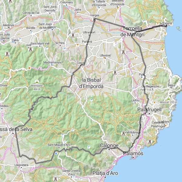 Miniatuurkaart van de fietsinspiratie "Rondrit door het binnenland van Girona" in Cataluña, Spain. Gemaakt door de Tarmacs.app fietsrouteplanner