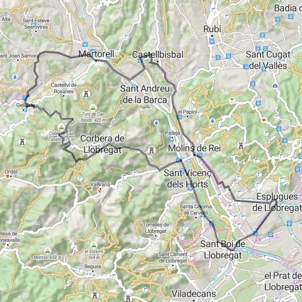 Miniatuurkaart van de fietsinspiratie "Avontuurlijke fietstocht door de heuvels van L'Hospitalet de Llobregat" in Cataluña, Spain. Gemaakt door de Tarmacs.app fietsrouteplanner