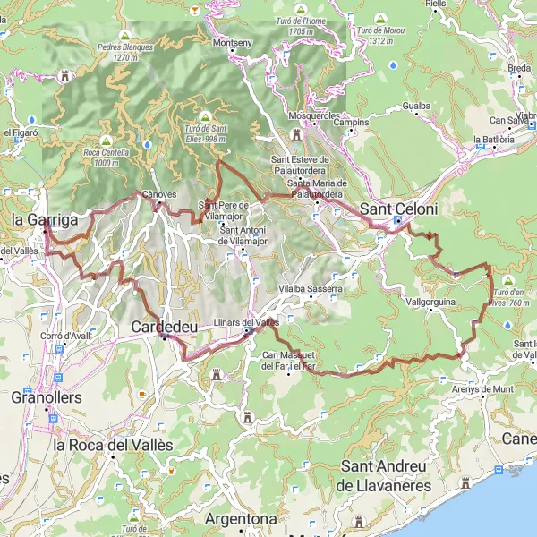 Map miniature of "Countryside Gravel Loop from la Garriga" cycling inspiration in Cataluña, Spain. Generated by Tarmacs.app cycling route planner