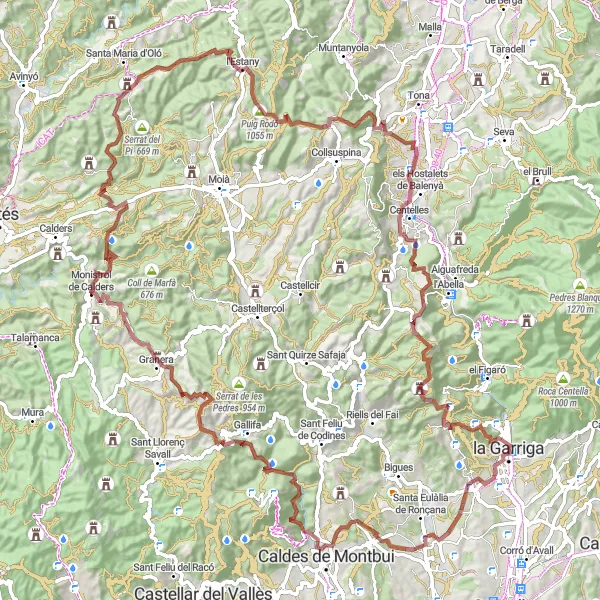 Map miniature of "Gravel Adventure through Vallès Oriental" cycling inspiration in Cataluña, Spain. Generated by Tarmacs.app cycling route planner