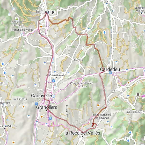 Miniaturní mapa "Gravelová cyklotrasa kolem la Garriga" inspirace pro cyklisty v oblasti Cataluña, Spain. Vytvořeno pomocí plánovače tras Tarmacs.app