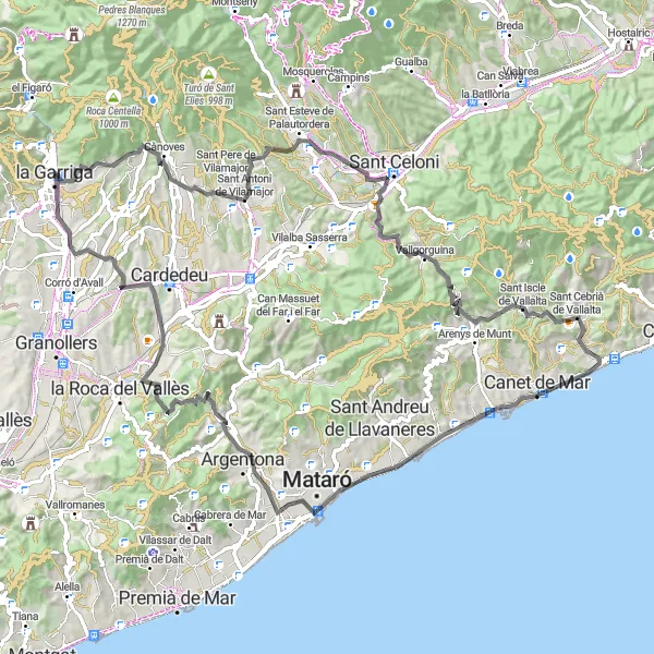 Miniatua del mapa de inspiración ciclista "Ruta de la Garriga a Argentona" en Cataluña, Spain. Generado por Tarmacs.app planificador de rutas ciclistas