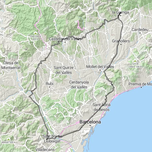 Miniatuurkaart van de fietsinspiratie "Rit door de Catalaanse stadjes en natuurgebieden" in Cataluña, Spain. Gemaakt door de Tarmacs.app fietsrouteplanner