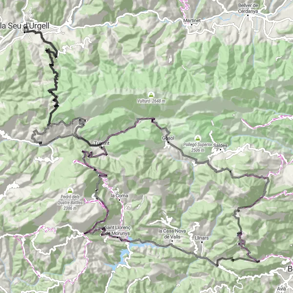 Miniatura della mappa di ispirazione al ciclismo "Giro ciclistico epico nei dintorni di La Seu d'Urgell" nella regione di Cataluña, Spain. Generata da Tarmacs.app, pianificatore di rotte ciclistiche