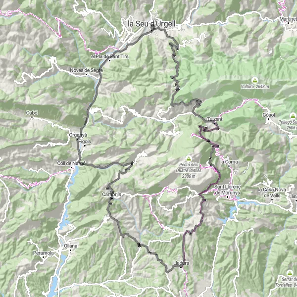 Miniature de la carte de l'inspiration cycliste "Les Montagnes de Lladurs" dans la Cataluña, Spain. Générée par le planificateur d'itinéraire cycliste Tarmacs.app