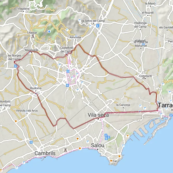 Map miniature of "Pugets and Vila-seca Gravel Adventure" cycling inspiration in Cataluña, Spain. Generated by Tarmacs.app cycling route planner