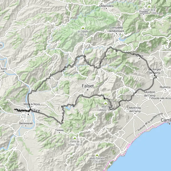 Miniatua del mapa de inspiración ciclista "Ruta de les Borges del Camp a Móra d'Ebre y Porrera" en Cataluña, Spain. Generado por Tarmacs.app planificador de rutas ciclistas