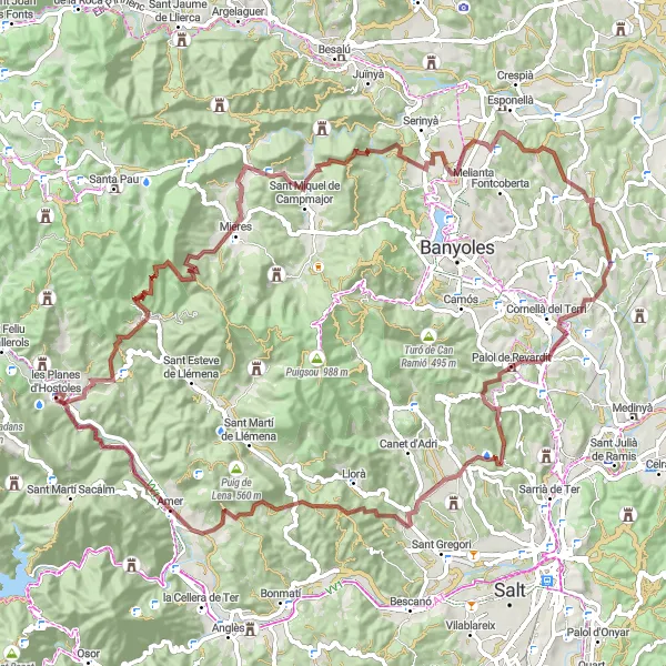 Map miniature of "Gravel Route to les Planes d'Hostoles" cycling inspiration in Cataluña, Spain. Generated by Tarmacs.app cycling route planner