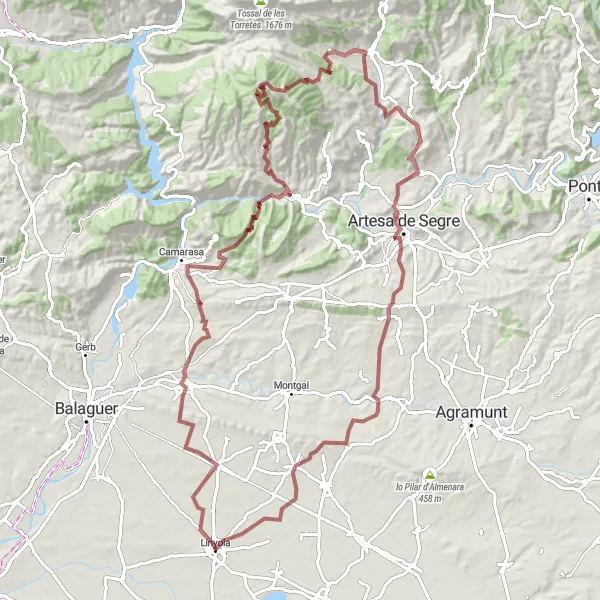 Miniature de la carte de l'inspiration cycliste "Défi Gravel de 107 km" dans la Cataluña, Spain. Générée par le planificateur d'itinéraire cycliste Tarmacs.app