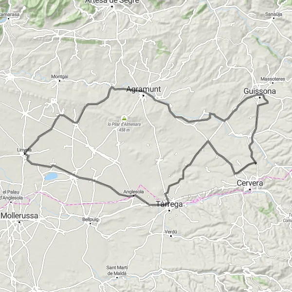 Miniatuurkaart van de fietsinspiratie "Linyola - Vallverd Road Route" in Cataluña, Spain. Gemaakt door de Tarmacs.app fietsrouteplanner