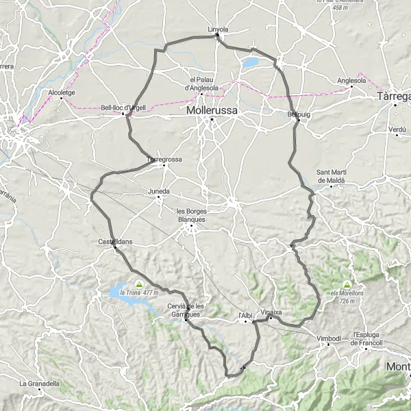 Miniaturní mapa "Silniční trasou kolem Linyoly s výstupem 1296 m a vzdáleností 123 km" inspirace pro cyklisty v oblasti Cataluña, Spain. Vytvořeno pomocí plánovače tras Tarmacs.app