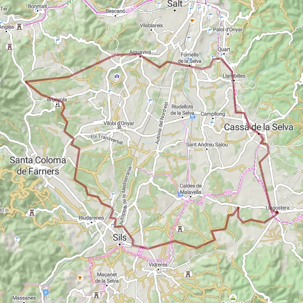 Miniatua del mapa de inspiración ciclista "Ruta de Ciclismo Gravel desde Llagostera a través de hermosos paisajes" en Cataluña, Spain. Generado por Tarmacs.app planificador de rutas ciclistas