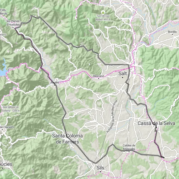 Karten-Miniaturansicht der Radinspiration "Hügeliges Abenteuer zwischen Llagostera und Puig del General" in Cataluña, Spain. Erstellt vom Tarmacs.app-Routenplaner für Radtouren