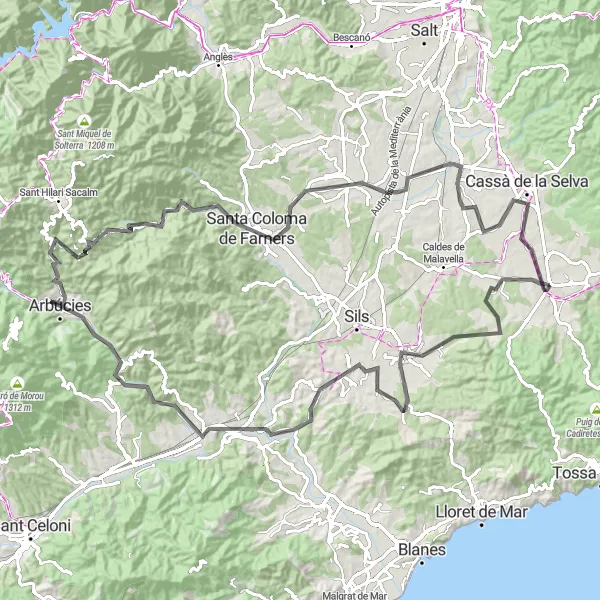 Miniaturní mapa "Jízda na kole od Llagostery k Puig del General" inspirace pro cyklisty v oblasti Cataluña, Spain. Vytvořeno pomocí plánovače tras Tarmacs.app