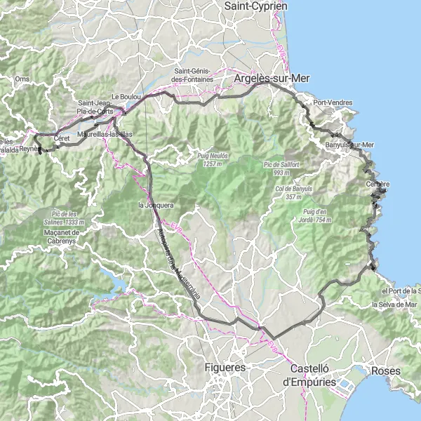 Miniatura della mappa di ispirazione al ciclismo "Tour in bicicletta tra montagne e mare" nella regione di Cataluña, Spain. Generata da Tarmacs.app, pianificatore di rotte ciclistiche