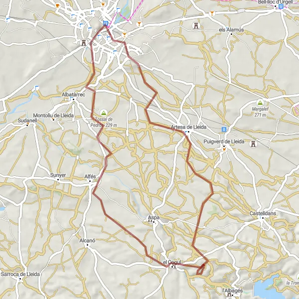 Miniaturní mapa "Gravel okruh kolem Lleidy" inspirace pro cyklisty v oblasti Cataluña, Spain. Vytvořeno pomocí plánovače tras Tarmacs.app