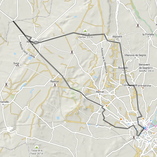 Miniatura mapy "Runda rowerowa w pobliżu Lleidy - Gravelowa" - trasy rowerowej w Cataluña, Spain. Wygenerowane przez planer tras rowerowych Tarmacs.app