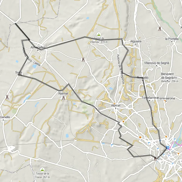 Miniatua del mapa de inspiración ciclista "Ruta del Castell de Gardeny y Serra dels Pedregals" en Cataluña, Spain. Generado por Tarmacs.app planificador de rutas ciclistas