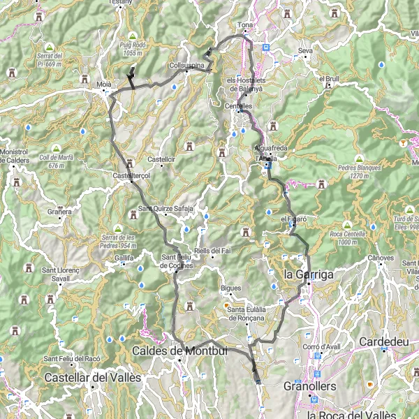 Map miniature of "The Puig del Prat Challenge" cycling inspiration in Cataluña, Spain. Generated by Tarmacs.app cycling route planner