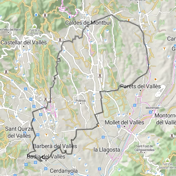 Map miniature of "Santiga Loop" cycling inspiration in Cataluña, Spain. Generated by Tarmacs.app cycling route planner