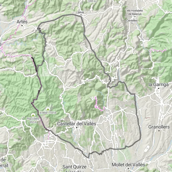 Miniatura della mappa di ispirazione al ciclismo "Avventura su Strada attraverso la Catalunya" nella regione di Cataluña, Spain. Generata da Tarmacs.app, pianificatore di rotte ciclistiche