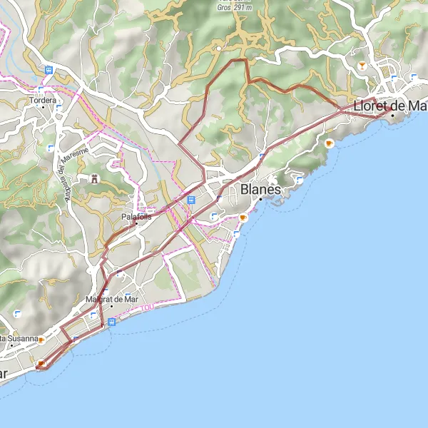 Miniatura della mappa di ispirazione al ciclismo "Avventura al Turó d'en Montells" nella regione di Cataluña, Spain. Generata da Tarmacs.app, pianificatore di rotte ciclistiche
