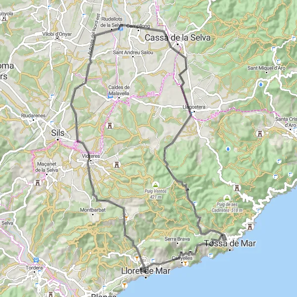 Miniatura della mappa di ispirazione al ciclismo "Giro del Puig Ventós" nella regione di Cataluña, Spain. Generata da Tarmacs.app, pianificatore di rotte ciclistiche