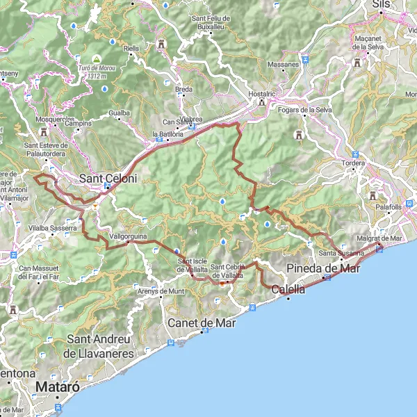 Map miniature of "Gravel Route: Malgrat de Mar to Castell" cycling inspiration in Cataluña, Spain. Generated by Tarmacs.app cycling route planner