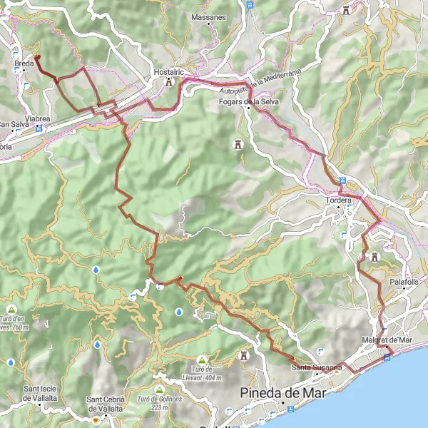 Miniatura della mappa di ispirazione al ciclismo "Gravel Route to Fogars de la Selva" nella regione di Cataluña, Spain. Generata da Tarmacs.app, pianificatore di rotte ciclistiche