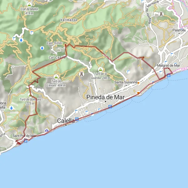 Miniatuurkaart van de fietsinspiratie "Gravel route naar Sant Pol de Mar" in Cataluña, Spain. Gemaakt door de Tarmacs.app fietsrouteplanner